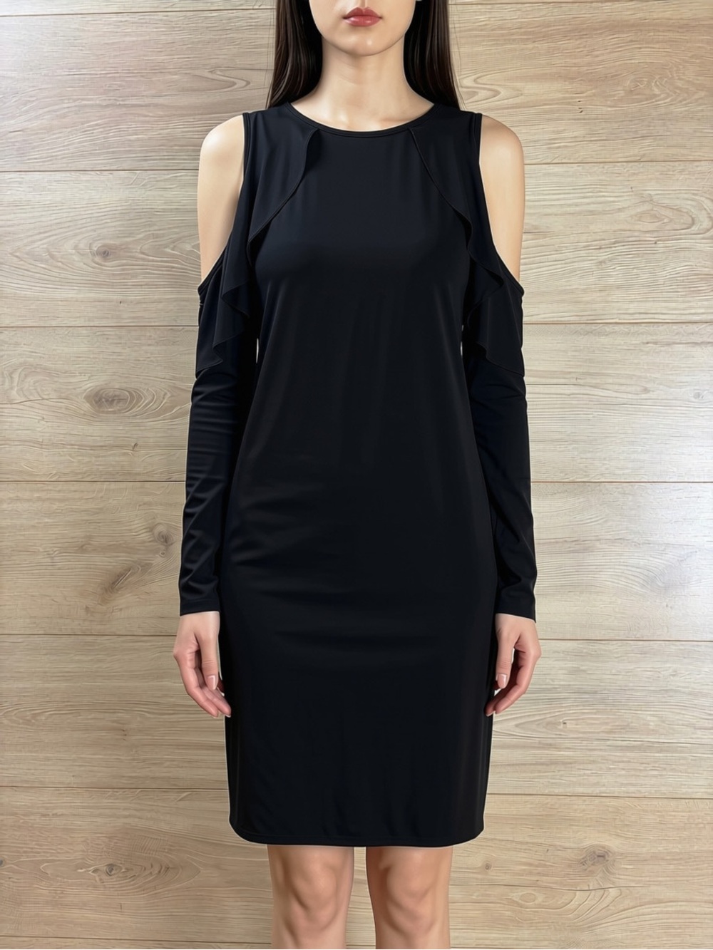 Three Dots Cold-Shoulder Ruffle Long-Sleeve Sheath Dress